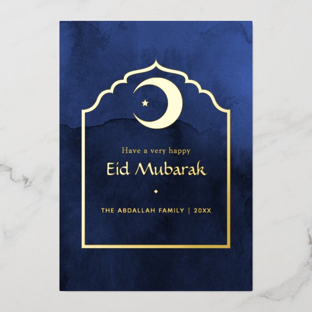 Carte de fête Eid Mubarak bleu marine et or à pail (Recto)