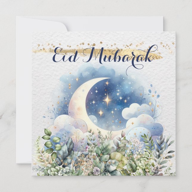 Carte de fête Eid Mubarak croissant de lune aquare (Devant)