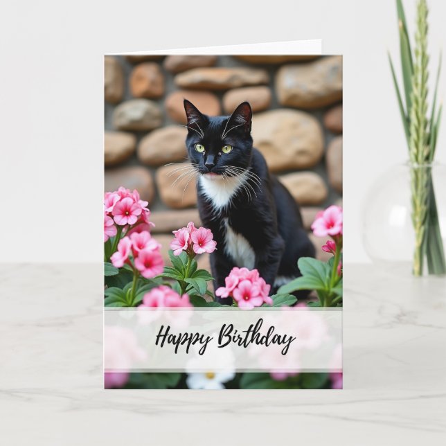 Carte de Fête Élégante avec Chat Noir Floral (Devant)