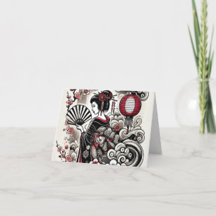 Carte de Fête Élégante Pliée avec l'Art de Geisha