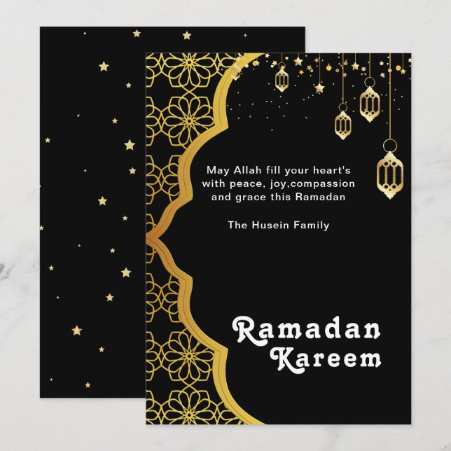 Carte de fête élégante Ramadan Kareem noir or (Devant / Derrière)