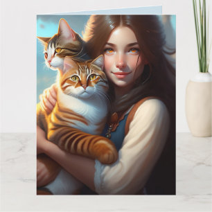 CARTE DE FÊTE FILLE AU CHAT