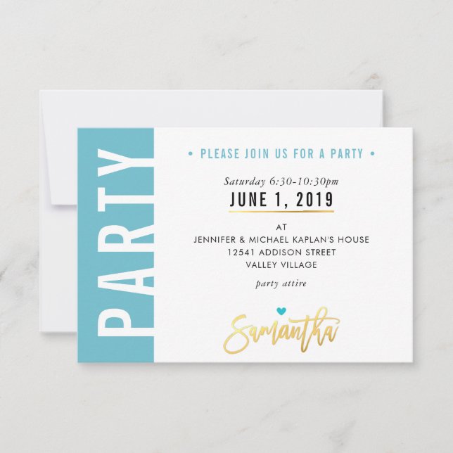 CARTE DE FÊTE joli bleu turquoise cœurs blancs or (Devant)