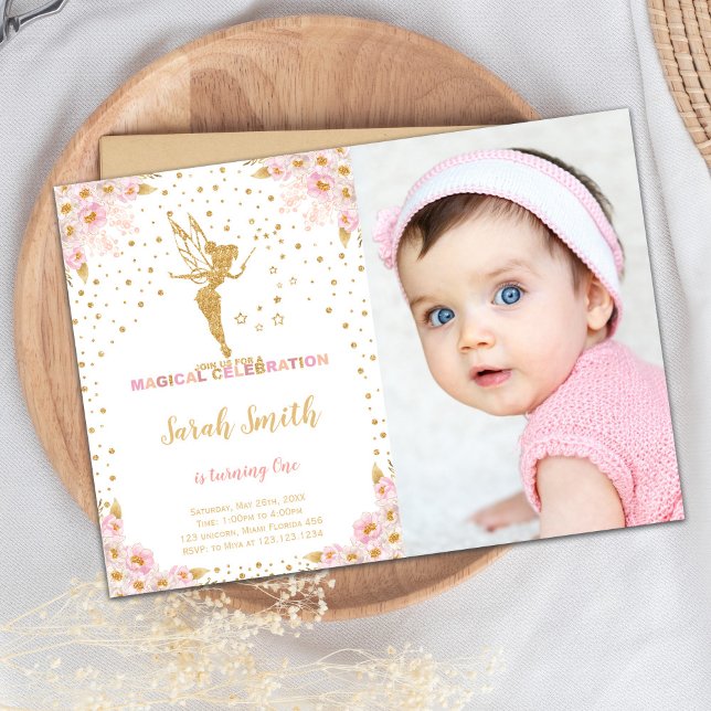 Carte de fête magique modifiable (Pink Glitter Fairy Birthday Invitations with photo)