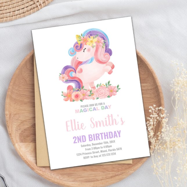 Carte de fête magique pour filles avec arc en ciel (Pastil Color Unicorn Birthday Invitations)