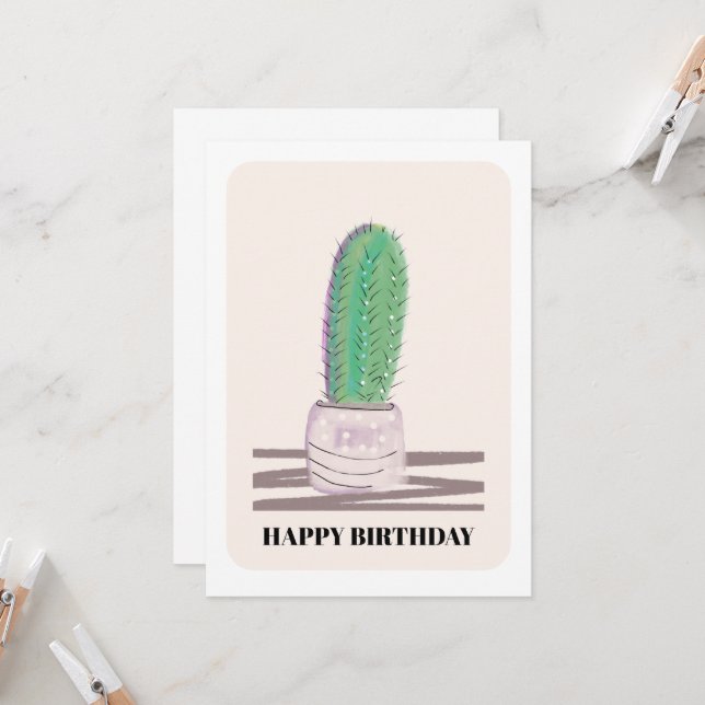 Carte de fête moderne verte cactus (Devant/Arrière en situation)