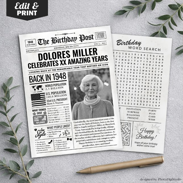Carte de fête personnalisée avec journal de 1948,  (Custom Back in 1948 Newspaper Birthday Card, Trend Holiday Card)