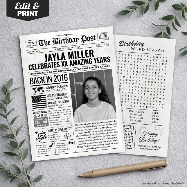 Carte de fête personnalisée de 2016, Journal de na (Custom Back in 2016 Newspaper Birthday Card, Trend Holiday Card)