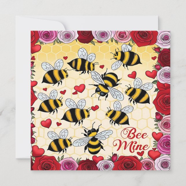 Carte de Fête Plate avec Cadre Floral "Bee Mine" (Devant)