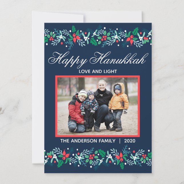 Carte de fête plate de Hanukkah Blue Garland (Devant)