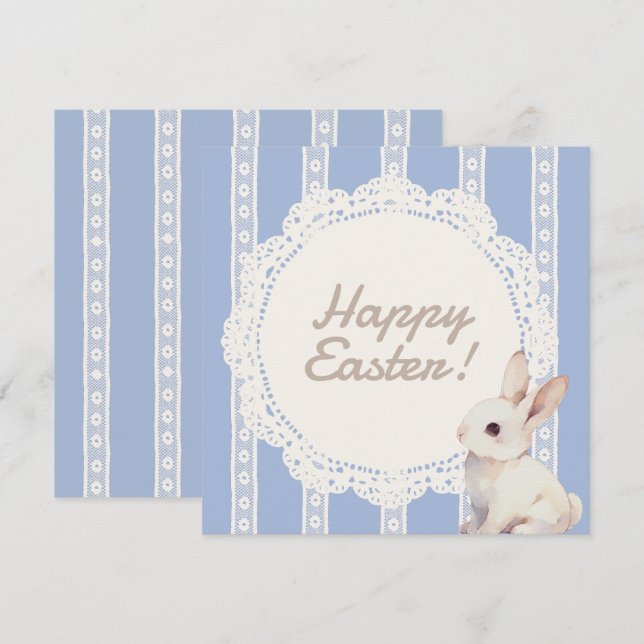 Carte de fête plate lapin à dentelle Coquette bleu (Devant / Derrière)