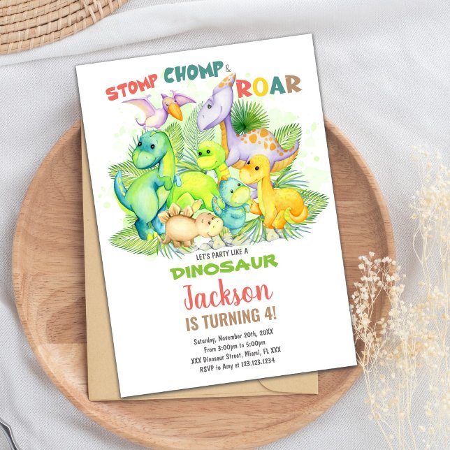 Carte de fête pour enfants avec thème T-Rex & Jung (Green Dinosaur Birthday Invitations)