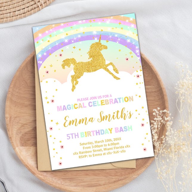 Carte de fête pour filles Sparkly & Magical (Running Unicorn Glitter Birthday Invitations)