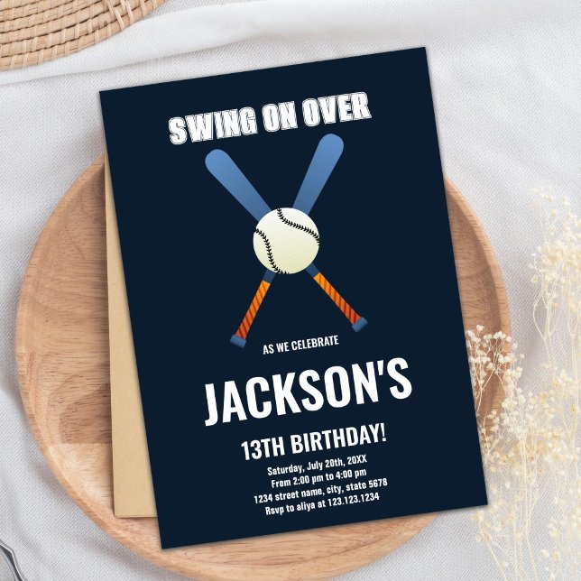 Carte de fête sportive pour garçons avec balle cla (Dark Blue Baseball Birthday Invitations)