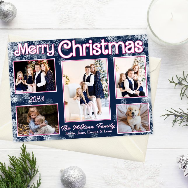 Carte de fêtes de flocons de neige bleus marine, r (Navy blue, pink accents, white whimsical snowflakes, 5 photos, Christmas card)