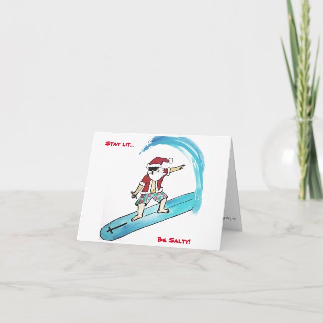Carte de fêtes pliée Surfin Santa (Devant)