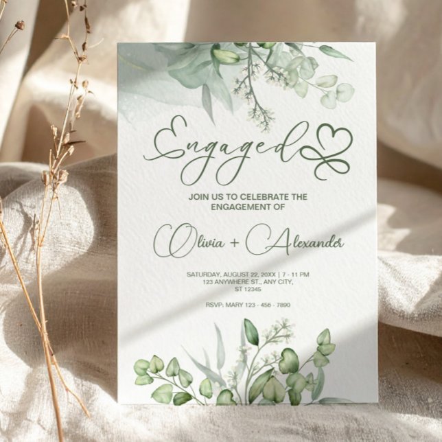 Carte de fiançailles verte Eucalyptus, mariage uni (Eucalyptus Green Engagement Card, Unique Wedding Invitation)