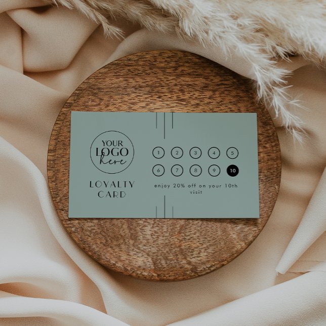 Carte de fidélité 10 perforations EVERLY Art Déco  (EVERLY Art Deco Sage Logo Business Reward 10 Punch Loyalty Card)