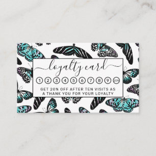 Carte De Fidélité Aqua Turquoise Papillons noirs Motif aquarelle