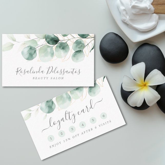 Carte De Fidélité Aquarelle Eucalyptus Vert Or Floral (Watercolor Eucalyptus Greenery Floral Gold Loyalty Card)