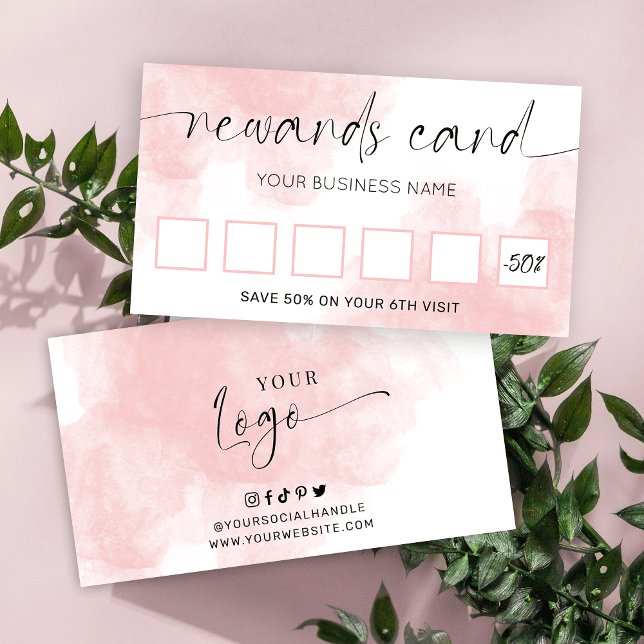 Carte De Fidélité Aquarelle rose pâle Élégant Script Logo Salon (Créateur téléchargé)