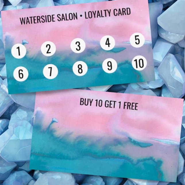 Carte De Fidélité Aquarelle rose Turquoise Abstrait 10 (Watercolor pink and blue loyalty card design)
