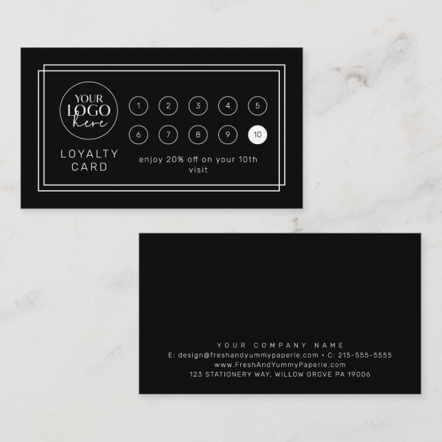 Carte De Fidélité AVERY Modern Black Logo Business Reward 10 Punch (Devant / Derrière)