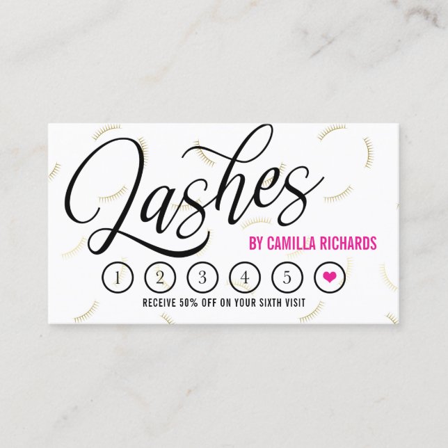 Carte De Fidélité Black Script & Gold Lashes Lashes Loyalty Puncard  (Devant)
