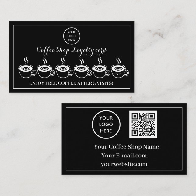 Carte De Fidélité Black White Coffee Shop Logo Business Reward Punch (Devant / Derrière)