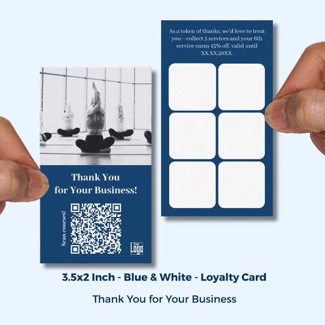 Carte De Fidélité Blue with Logo & QR - Gym Thank You (Blue with Logo & QR - Gym Thank You Loyalty Card; Size: 3.5x2 Inch)
