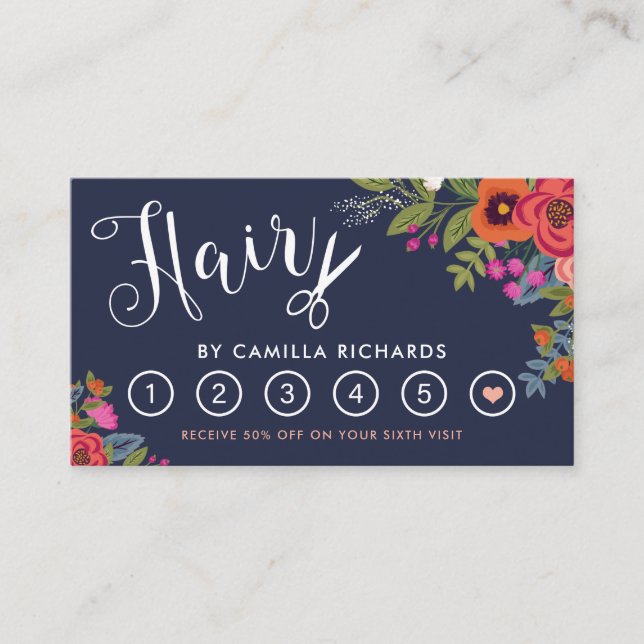 Carte De Fidélité Boho Floral Hair Styliste Loyauté Punch Card Six (Devant)