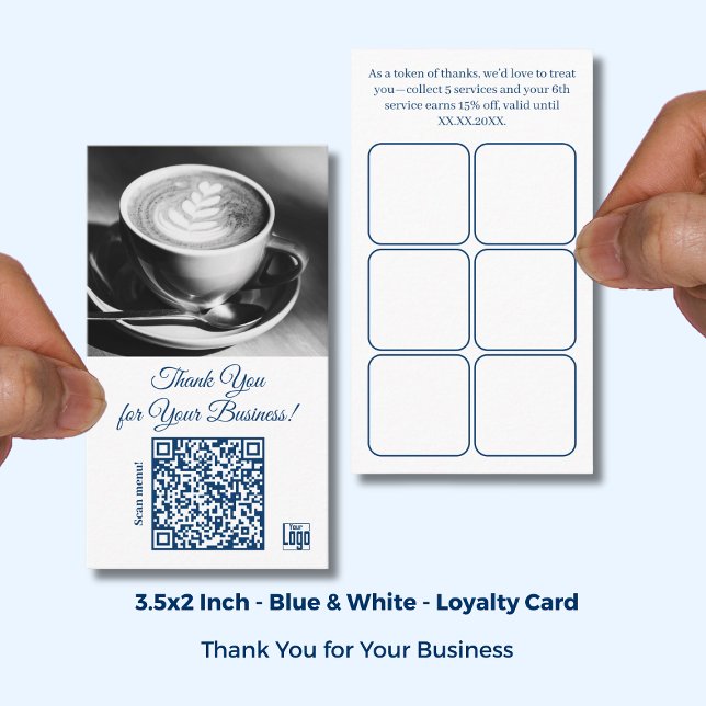 Carte De Fidélité Café Blanc Bleu Logo & QR - Merci (Cafe White Blue Logo & QR - Thank You Loyalty Card; Size:3.5x2 Inch)