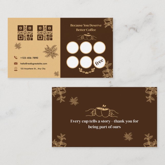 Carte de Fidélité Café Brun Élégant Design QR (Devant / Derrière)