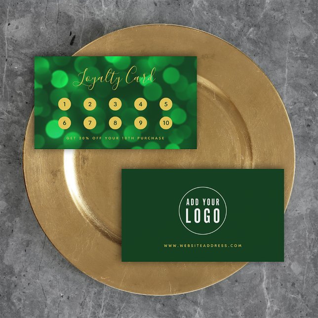 Carte De Fidélité Calligraphie moderne Emerald Green Bokeh Lumières (Créateur téléchargé)