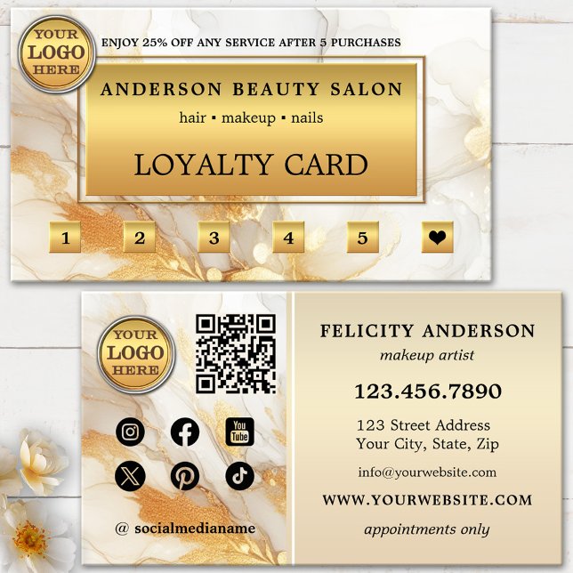 Carte de Fidélité Chic Dorée Artistique (Loyalty business card featuring your own logo on an elegant artistic gold design - beauty salon )