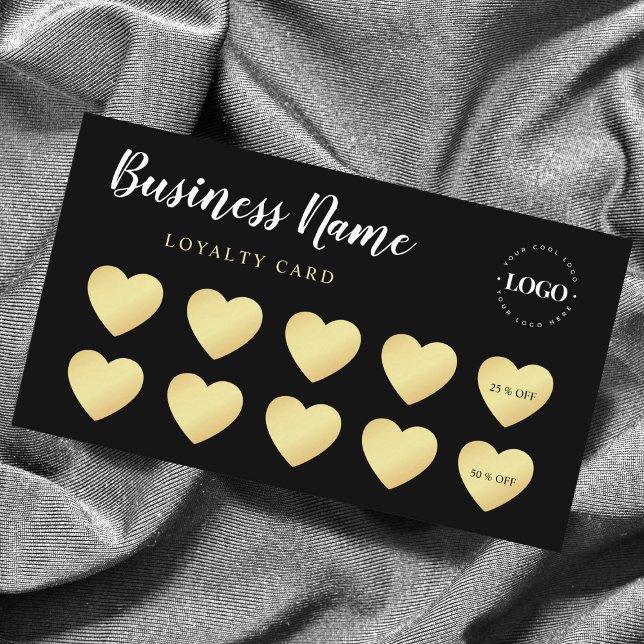 Carte De Fidélité Chic Gold Heart Simple Black Custom Business Logo (Créateur téléchargé)