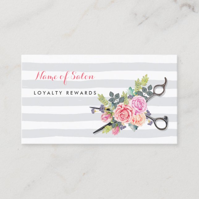 Carte De Fidélité Chic Rose floral ciseaux Salon Loyalty Puncard (Devant)