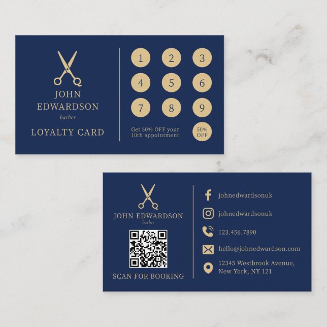 Carte De Fidélité Ciseaux de barbier Luxe Bleu Or Logo Code QR (Devant / Derrière)