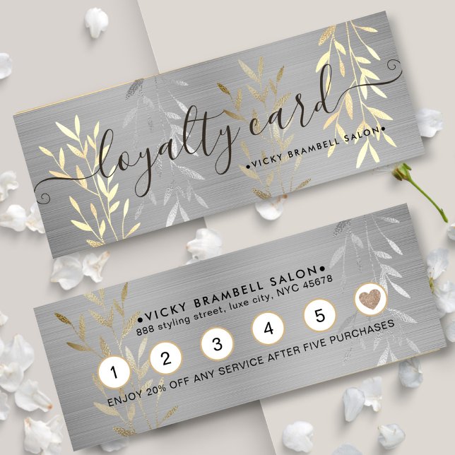 Carte De Fidélité Classé Lux Faux Gold & Silver Feuille Salon Punch (Classy Luxury Gold & Silver Leaves Salon Punch Loyalty Card)