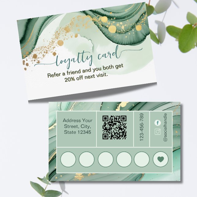 Carte De Fidélité Code QR aquarelle vert sauge or  (Créateur téléchargé)