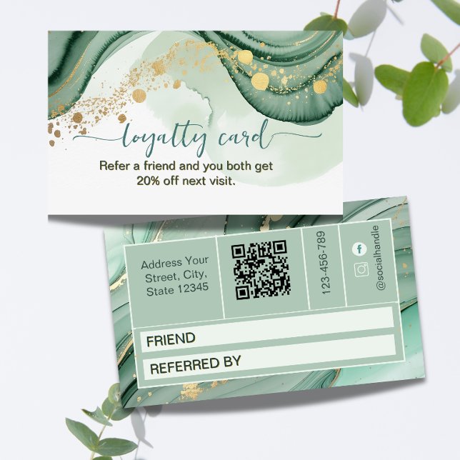 Carte De Fidélité Code QR aquarelle vert sauge or (Créateur téléchargé)