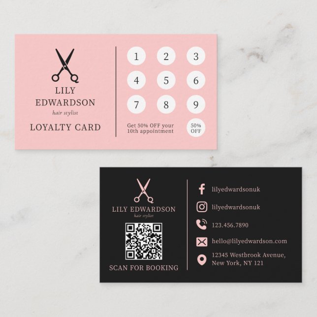 Carte De Fidélité Code QR Logo Ciseaux de Coiffeur Rose Élégant (Devant / Derrière)