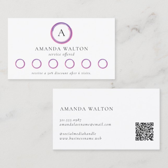 Carte De Fidélité Code QR Monogramme Moderne Rose et Violet (Devant / Derrière)