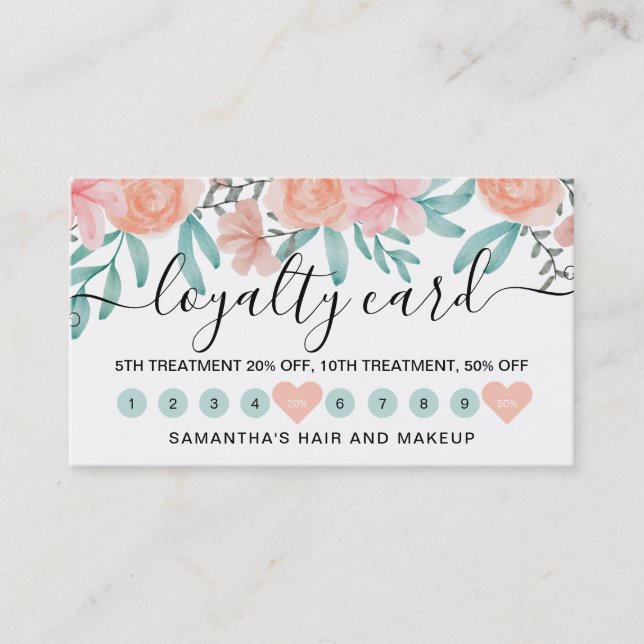 Carte De Fidélité Coeur d'aquarelle florale de pêche corallienne loy (Devant)