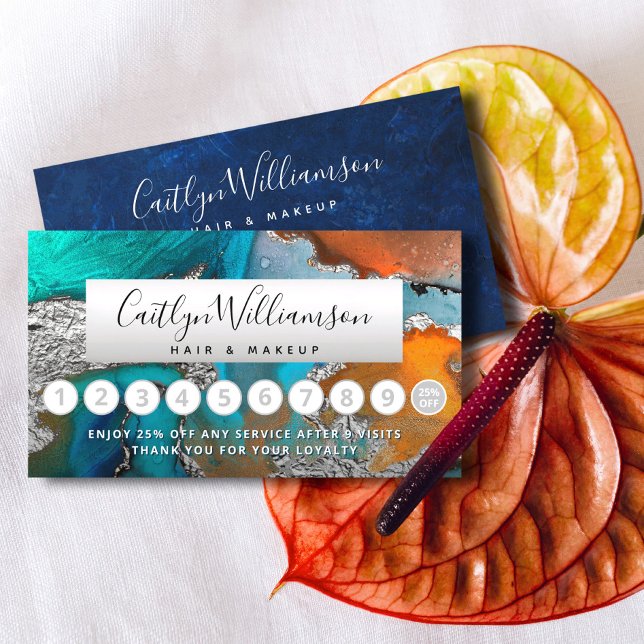 Carte De Fidélité Coiffure salon argent marbre bleu aquarelle (Créateur téléchargé)