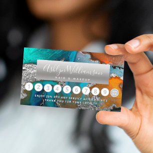 Carte De Fidélité Coiffure salon marbre aquarelle bleu argent