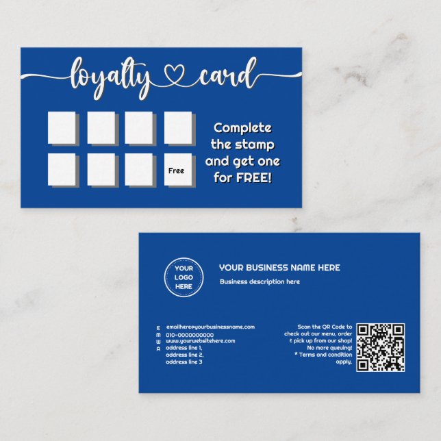 Carte De Fidélité Couleur solide bleu profond Ajouter votre logo Cod (Devant / Derrière)