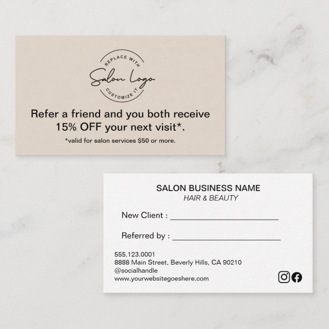 Carte De Fidélité Custom Salon Referral Discount Card Refer a Friend (Devant / Derrière)