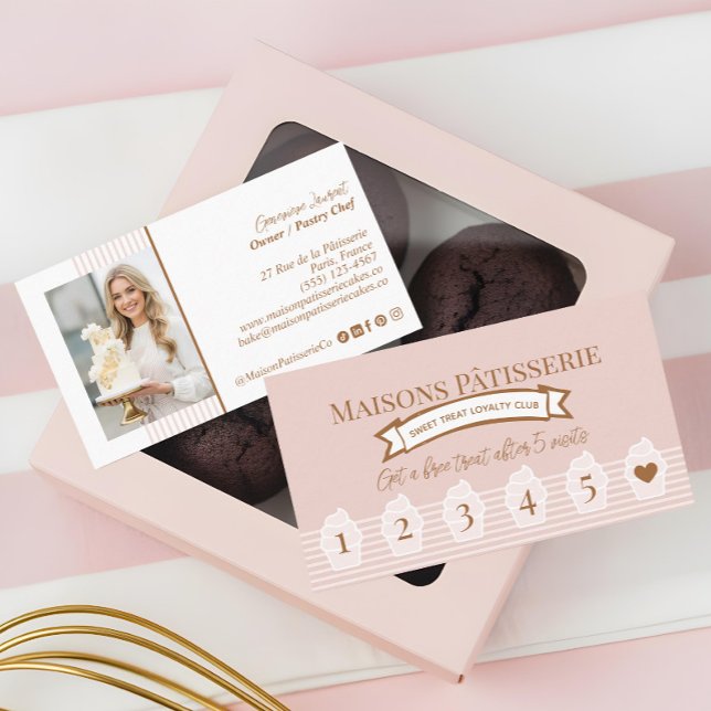 Carte de fidélité de boulangerie à rayures roses é (Chic Pink Stripe Baking Pastry Chef Cupcake Bakery Loyalty Card)