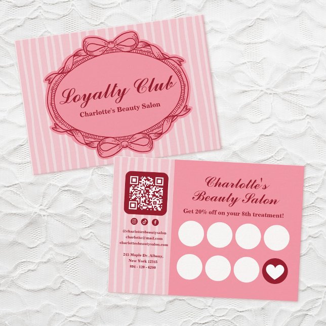 Carte de fidélité de salon à cadre orné rose (Pink Ornate Bow Frame Salon Loyalty Card)